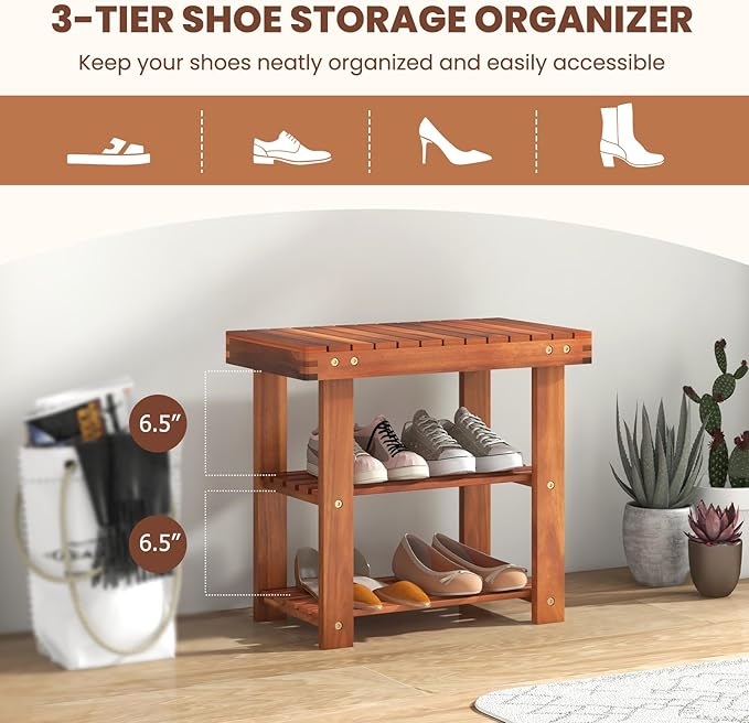 Tangkula Acacia Wood Shoe Rack Bench, 3 Tier Sturdy Bench, Storage Organizer, Holds up to 180lbs for Entryway, Bedroom, Living Room, Balcony, Teak Color (19-inch)-NeatNest