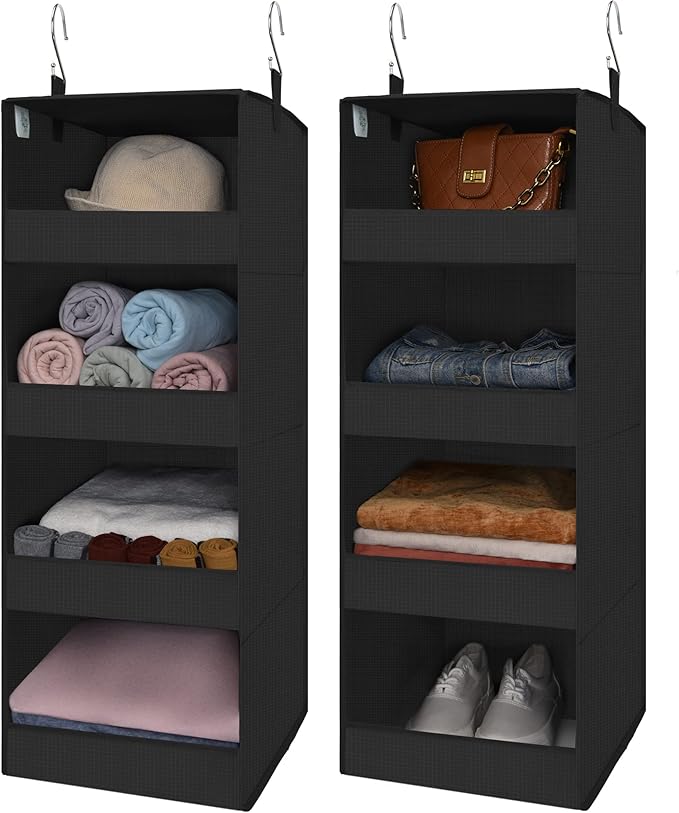 GRANNY SAYS 4-Shelf Hanging Organizer, Closet Hanging Shelves, Closet Hanging Storage Organizers, Organization for Bedroom, Living Room, Baby Nursery, Camper Accessories, Black, 2-Pack-NeatNest