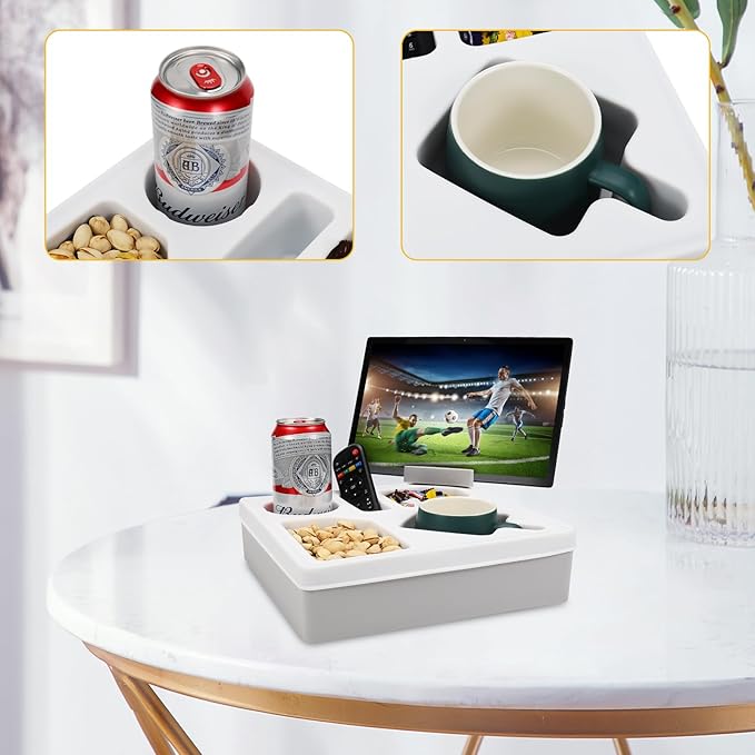 Couch Cup Holder Tray, Silicone Sofa Couch Caddy for Bed Car Seat Beach Organizer, Waterproof Cup Holder with Phone Stand for TV Remote, Snacks, Drinks, Cellphone (Grey)-NeatNest