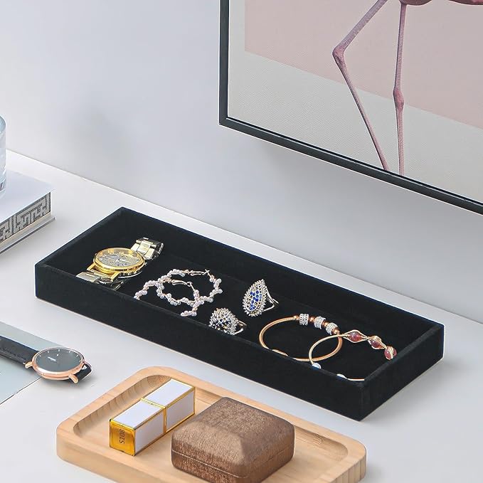 2Pcs Desk Drawer Storage Tray, Nightstand Organizer Tray, Necklace Bracelet Ring Earring Jewelry Display Tray, Grid Table Organizer Holder Tray for Sunglass, Phone, Watch, Perfume (1 grid)/Black-NeatNest