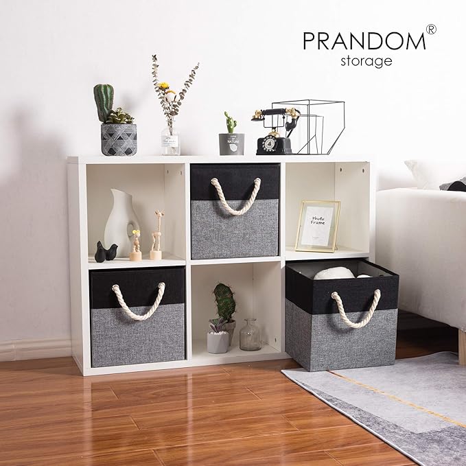 PRANDOM Large Foldable Cube Storage Bins 13x13 inch [4-Pack] Fabric Linen Storage Baskets Cubes Drawer with Cotton Handles Organizer for Shelves Nursery Closet Bedroom Black