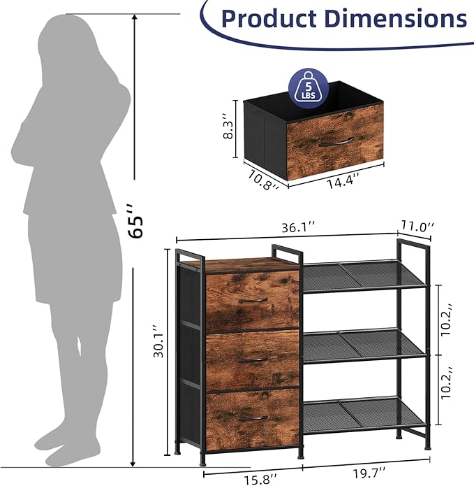 Somdot Shoe Rack, 3 Tier Shoe Organizer with 3 Drawers, Metal Shoe Storage Shelf for 6-9 Pairs of Shoes, Narrow Shoe Rack for entryway, Wood Grain Print-NeatNest