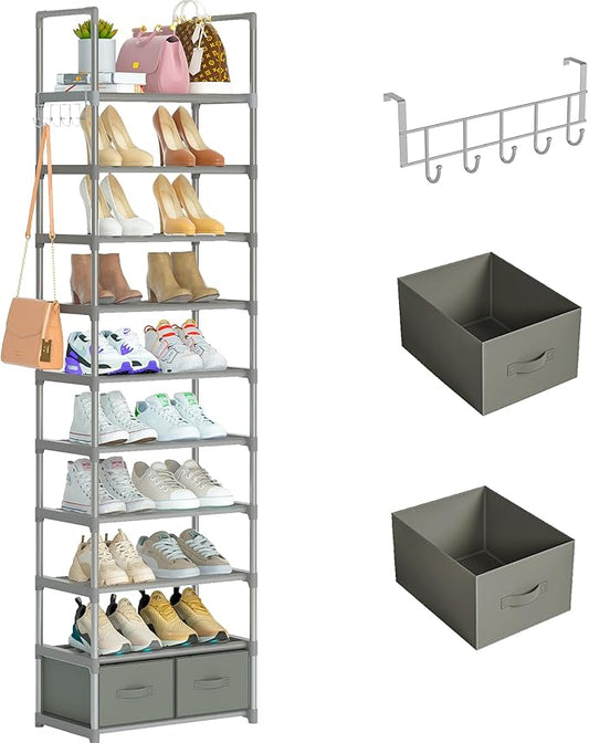 Shoe Rack, Sturdy Metal Shoes Rack Organizer,Narrow Shoe Rack,Shoe Racks for Closets,Shoes Rack,Shoe Stand,Shoe Shelf (10 Tier with 2 Boxes and 1 Hook)-NeatNest