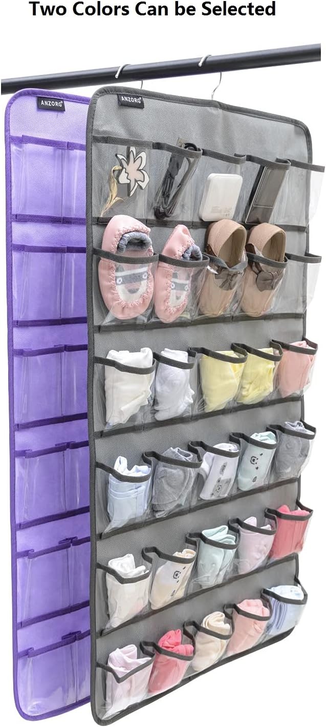 Hanging Baby Shoes Organizer Baby Headband Holder Closet Organizer for Baby Bow Socks Underwear with 30 Clear Pockets (PURPLE)-NeatNest