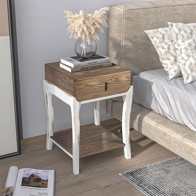 COSIEST Rustic Nightstand, 2-Tier Farmhouse Bedside Table, Wood Accent End Table with Storage Drawer and Open Display Shelf for Bedroom Nursery Living Room(Walnut)-NeatNest