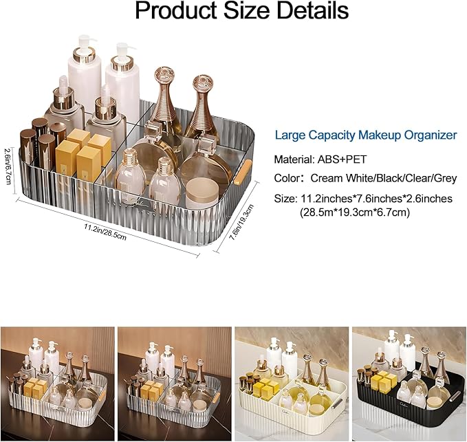 DASITON Large Capacity Makeup Organizer,12 Slots Makeup Brush Holder,Makeup Storage with Handle,Vintage Striped Cosmetic Organizer for Bathroom Countertops,Desk Storage Container(Grey)-NeatNest