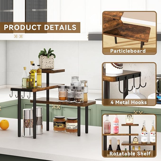 IBUYKE Countertop Organizer,3-Tier Spice Racks,Set of 2,Kitchen Counter Corner Shelf,4 Side Hooks,Adjustable Countertop Shelf for Kitchen, Bathroom, Coffee Bar, Cabinet, Desk,Rustic Brown,TLJ023H-2-NeatNest