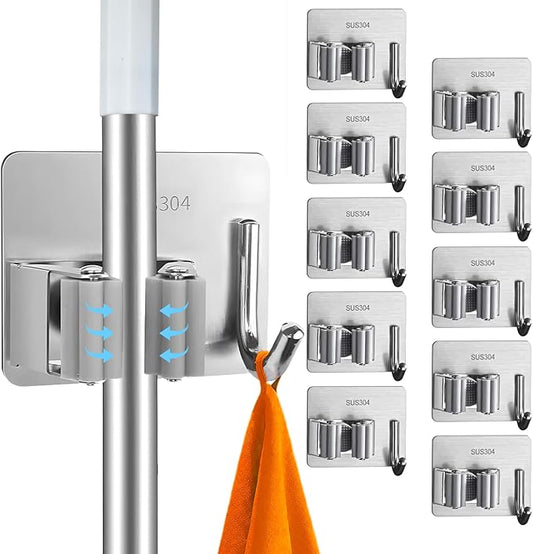 10 Pack Heavy Duty Mop and Broom Holder Wall Mount, No Drill Self Adhesive Stainless Steel Hanger with Hooks, Anti-Slip Tool Organizer for Bathroom, Kitchen, Garage, Laundry Room (10, Silver)