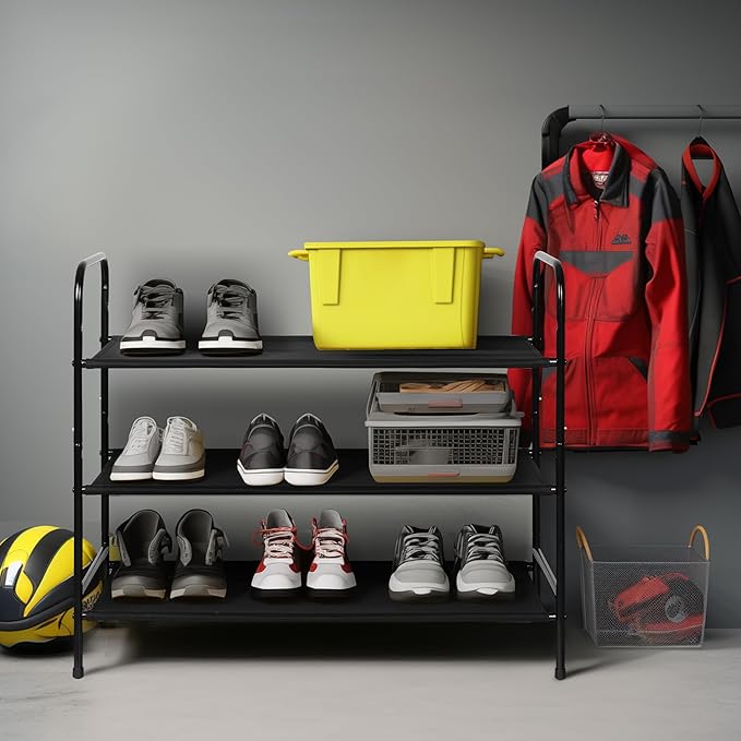 MAX Houser 3 Tier Free Standing Shoe Rack, Metal Shoe Storage Shelf for 9-12 Pairs, Easy to Assemble, Entryway, Bedroom, Black-NeatNest