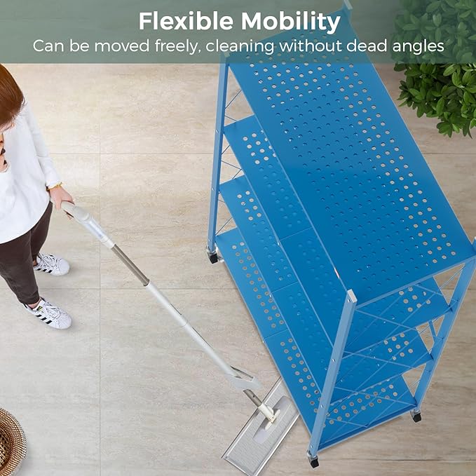 DEANIC 4 Tier Foldable Storage Shelves with Wheels, Large Capacity Shelving Unit, Freestanding Metal Wire Shelf Rack, No Assembly Organizer Rack for Garage Kitchen, Basement(Blue)-NeatNest