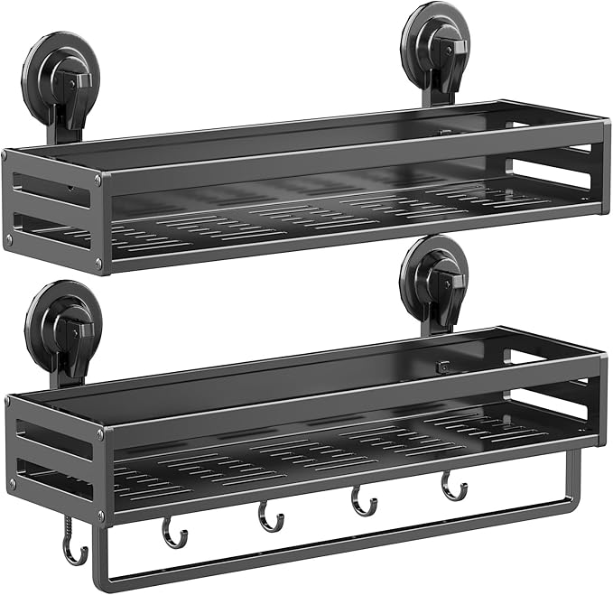 Shower Caddy Suction Cup, 11.8 inch 2 Pack Suction Shower Shelf with Hooks NO-Drilling Bathroom Holder, Rustproof Bathroom Organizer, Dark Grey