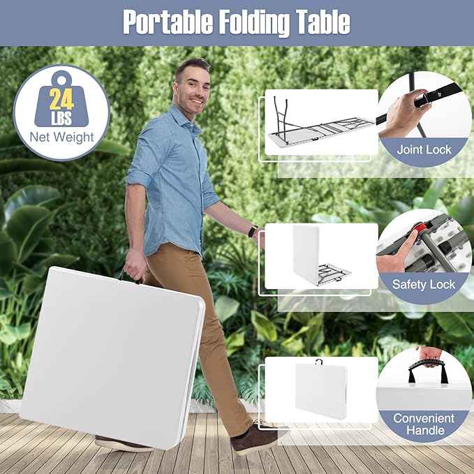Goplus 6ft Plastic Folding Table, 350 LBS Outdoor Heavy Duty Folding Tables with HDPE Tabletop, Handle, Lock, Foldable Rectangle Portable Utility Card Table for Picnic, Party, Camping, Dining-NeatNest