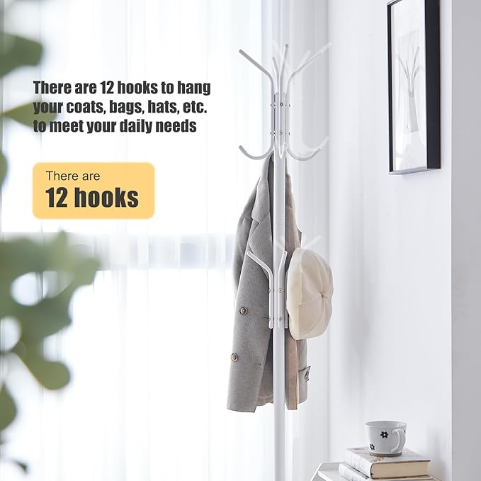 Coat Rack Freestanding for entryway,Living Room,Bedroom,Metal coat tree with12 Hooks and 3 Legs,hat stand (White)-NeatNest
