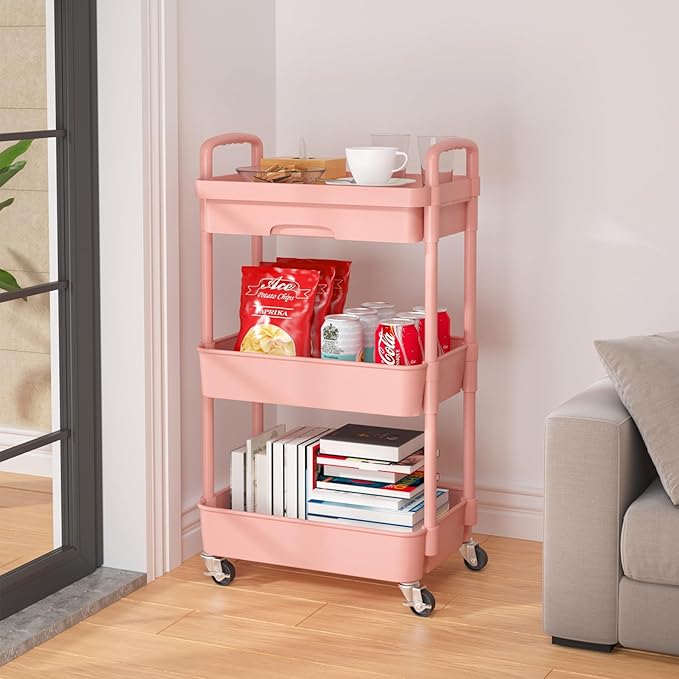 Calmootey 3-Tier Rolling Utility Cart with Drawer,Multifunctional Storage Organizer with Plastic Shelf & Metal Wheel,Storage Cart for Kitchen,Bathroom,Living Room,Office,Pink-NeatNest