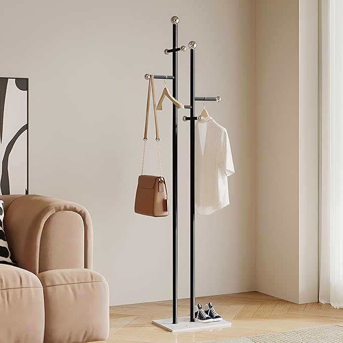 Coat Rack Freestanding with Marble Base Sturdy Coat Tree Heavy Duty Clothes Rack for Entryway Bedroom Living Room Hotel 14.96 x 10.24 x 68.9 Inches (Black)-NeatNest