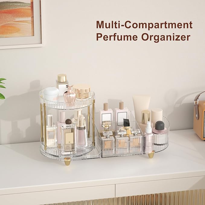 Makeup Organizer Countertop for Vanity, Rotating Perfume Tray with 5-compartment Cosmetic and Skincare Organizers, Multi-Purpose Desk Storage Makeup Brush Holder for Bathroom Bedroom Counter-NeatNest