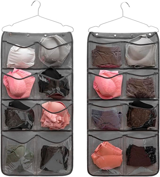 Dual Sided Hanging Closet Organizer Durable Socks Stocking Clothes Bra Accessories Storage Bag With 16 Large Pockets (Clear PVC Pockets)-NeatNest