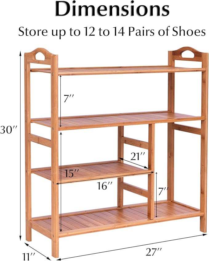4-Tier Bamboo Shoe Rack with Boots Storage, Freestanding Wooden Display Shelf with Handle, Multifunctional Storage Organizer for Bathroom Entryway, Hallway, Living Room Plant Stand-NeatNest