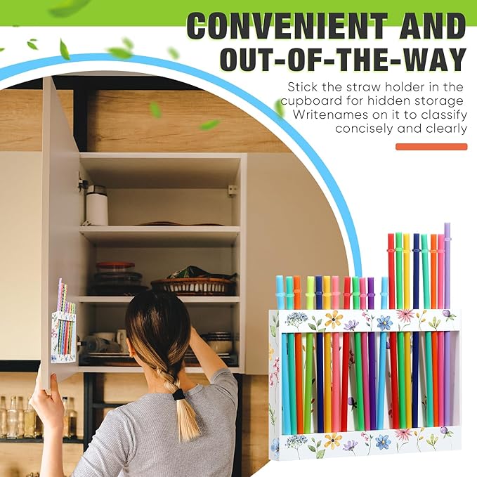 Acrylic Straw Holder for Cabinet Door with Double Sided Adhesive Tape Reusable Straw Organizer Tumbler Storage Kitchen Accessories Container for Counter Cupboard(Floral,Large,White)