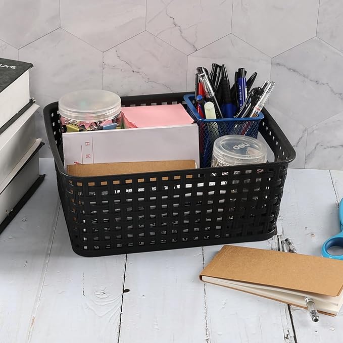 Anbers Plastic Weave Storage Baskets Bins, 6 Packs Small Storage Basket, Black-NeatNest