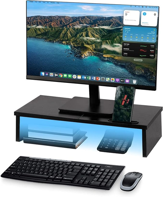 21" Monitor Stand Riser with LED Lights and Phone Holder, Monitor Stand for Desk, Computer Monitor Stand, Desk Shelf for Top of Desk, Desktop Organizer for Laptop, Printer, TV