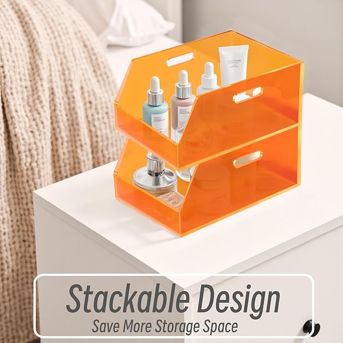 Gelite Stackable Storage Bin Organizer with Handles Acrylic Storage Container for Toy Pantry Kitchen Cabinet Bathroom Closet Office Organization, 11.4x7.5x5.1'', Neon Orange