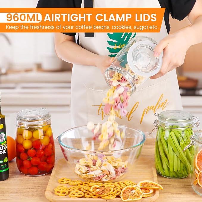 AuroTrends 32oz Glass Jars with Airtight Lid 4Pack, 960ML Large Kitchen Canisters with Leakproof Clamp Lids for Food, Flour, Pasta, Candy, Dog Treats, Snacks