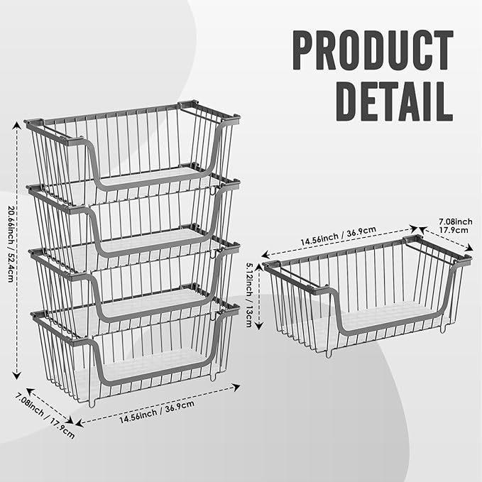 4 Pcs Stackable Wire Baskets for Pantry Organizers and Storage,Vegetable Fruit Basket for Countertop,Kitchen Storage Metal Baskets,Produce Potato Onion Storage Bin,Gray