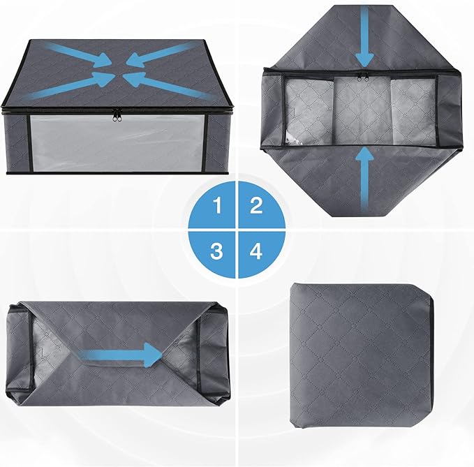 HomeHacks Storage 8-Pack Clothes Organizer Storage Bags Foldable Storage Box with Large Clear Window Sturdy Handles for Closet, Dorm, Pillows, Bedding, Clothes, Blankets, 35L, Grey-NeatNest