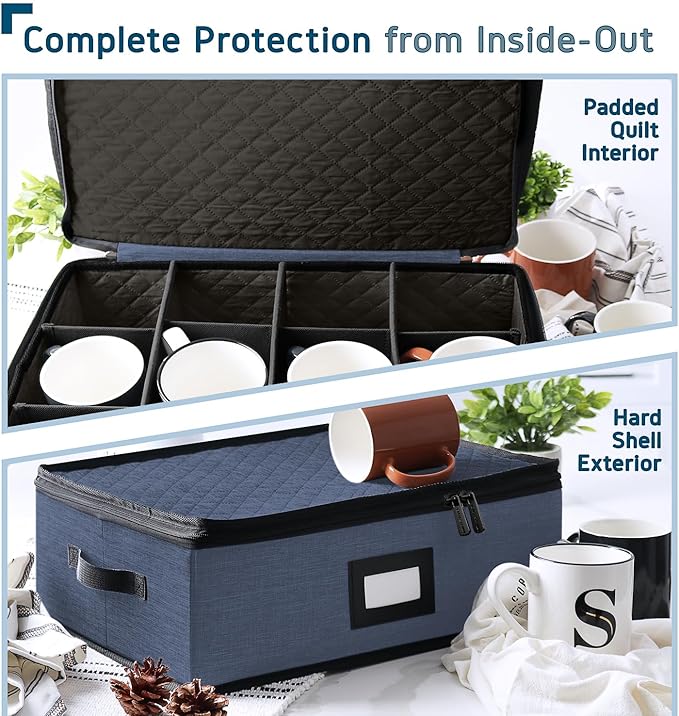Hearth & Harbor Coffee Mug Storage, Quilted and Stackable Coffee Cup Storage Organizer for Service of 12, Mug Storage Box with Dividers, China Containers Hard Shell for Moving and Organization, Blue-NeatNest