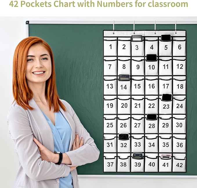 42 Pockets Numbered Classroom Pocket Chart for Cell Phones, Hanging Pocket Chart Storage for Classroom Phone Calculator Holder with 4 Hooks and 42 Clear Numbers Printing (White-42pockets)-NeatNest