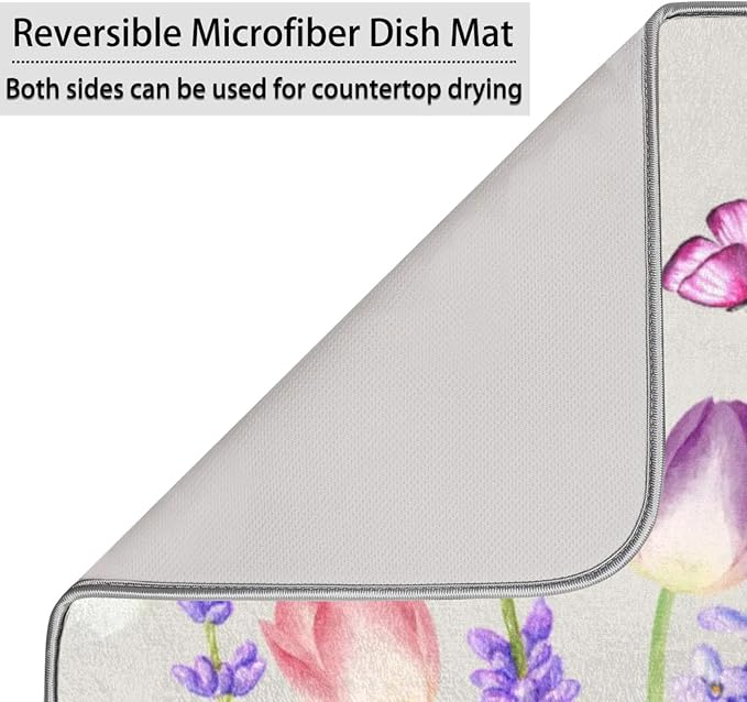 Dish Drying Mat for Kitchen Counter - Absorbent Microfiber Drying Rack Pads Reversible Dish Pad Draining Mats for Countertop Coffee Mats,18x24 inch(Tulip Flower Field)
