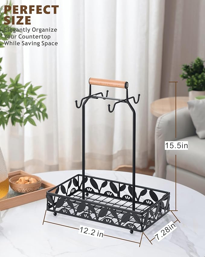 Coffee Mug Holder for Countertop, Mug Tree & Mug Rack with Storage Basket, 2-in-1 Organizer Holds 4 Large Mugs, Kitchen Cup Holder for Coffee Bar Accessories, Pods & Tea Bags, Black Metal with Handle-NeatNest