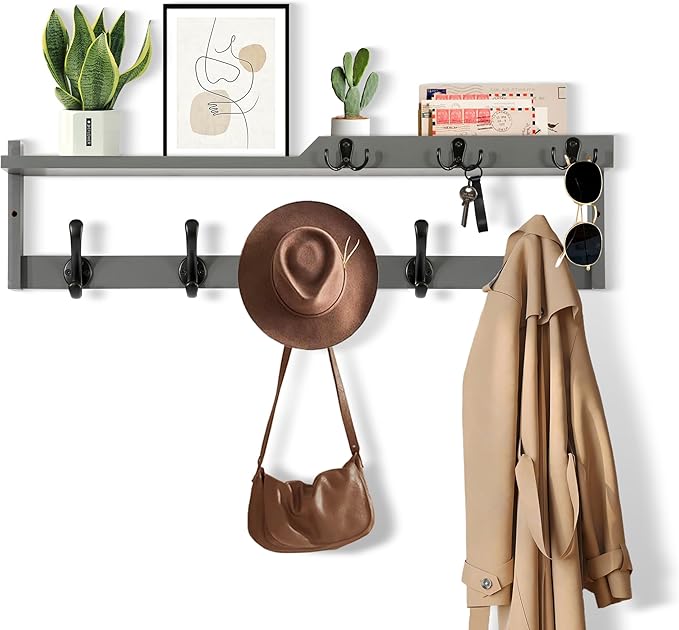 29'' Coat Rack Wall Mount with Shelf, Coat Hanger with Key Hooks and Mail Holder, Wood Entryway Wall Floating Shelf with Hooks and Storage, Hat Rack Key Holder Mail Organizer