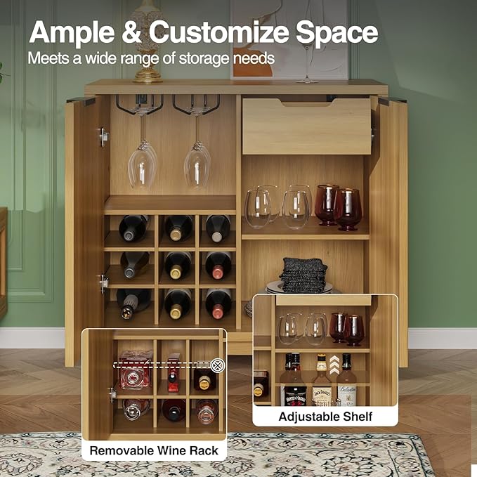 Fluted Coffee Bar Cabinet with Storage, Modern Sideboard Buffet Cabinet with Removable Wine Rack, Drawer, Adjustable Shelf, Natural Liquor Cabinets for Living Room, Dining Room, Kitchen, Entryway