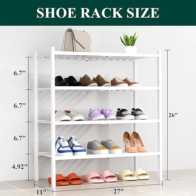 Smiry Shoe Rack, 4 Tier Thick Bamboo Shoe Organizer, Stackable Free Standing Wooden Shoe Storage Shelf for Closet, Entryway, Front Door Entrance, White-NeatNest
