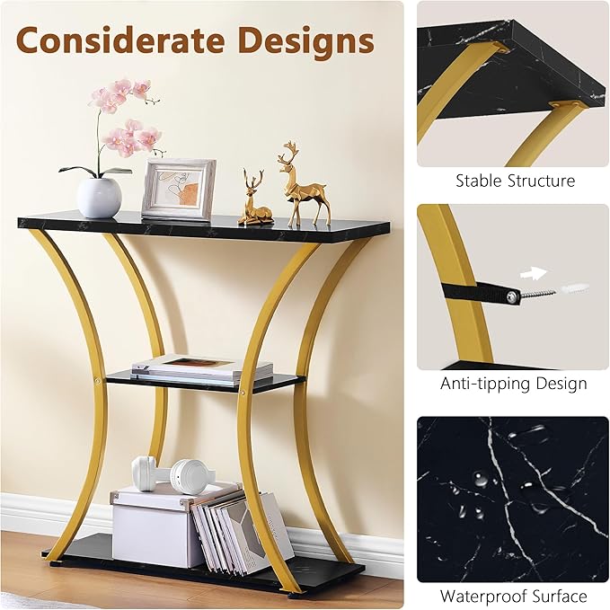 Hoctieon 3 Tier Console Table with Open Wood Shelves, Decorative Entryway Table with Curved Metal Frames, Narrow Sofa Table for Entrance, Living Room, Hallway, Gold and Black Marbled-NeatNest