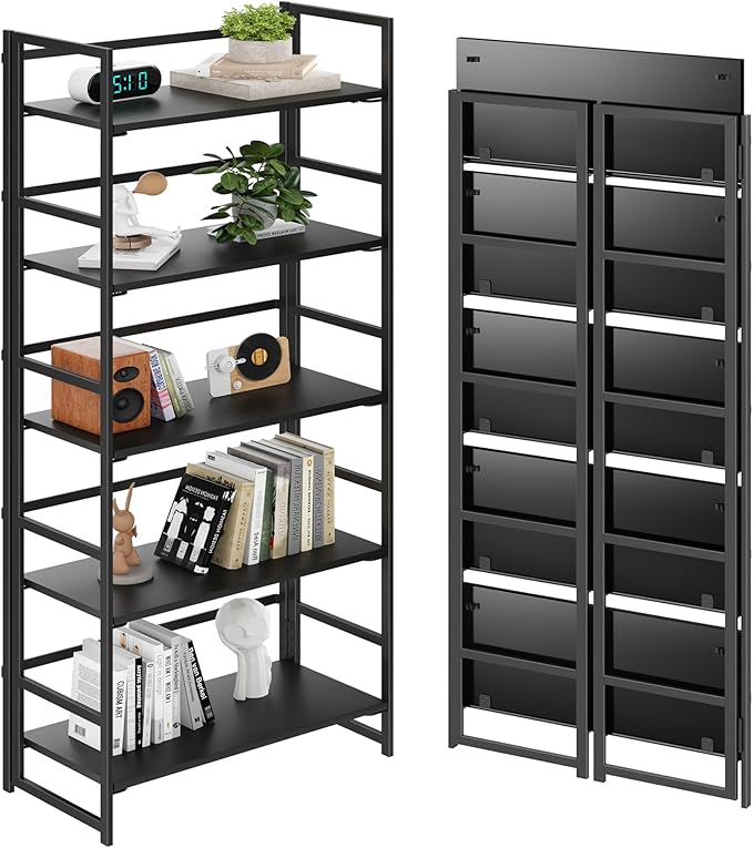 BHG Vintage Multifunctional Folding Bookshelf, No-Assembly Plant Stand Storage Rack Shelves for Home Office (All Black, 5-Tier)-NeatNest