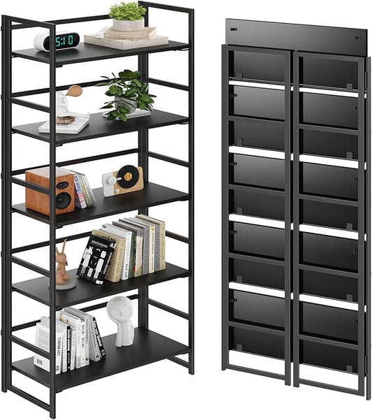 BHG Vintage Multifunctional Folding Bookshelf, No-Assembly Plant Stand Storage Rack Shelves for Home Office (All Black, 5-Tier)-NeatNest
