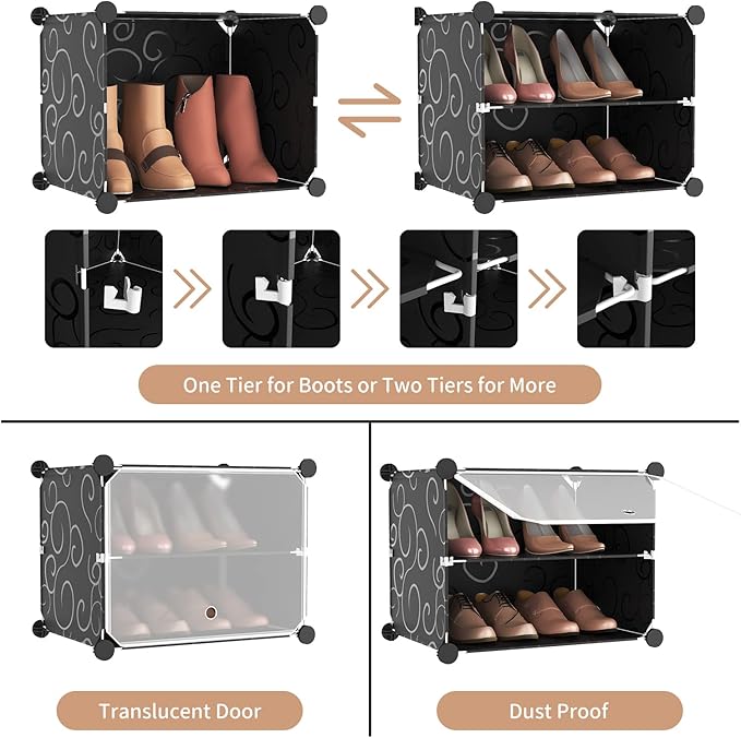 ROJASOP Portable Shoe Rack Organizer 6-Tier Shoe Cabinet 24-Pair shoe Storage Expandable Free Standing Stackable Space Shoe Rack with 2 exclusive Versatile Hooks for Bedroom Black-NeatNest