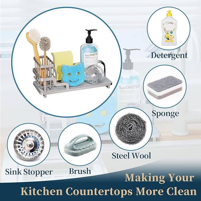 Consumest Sponge Holder for Kitchen Sink - Sink Caddy Organizer with Water Absorbing Stone Tray, Detachable Brush Holder, Stainless Steel Kitchen Counter Organizer Rack, Sand Nickel-NeatNest