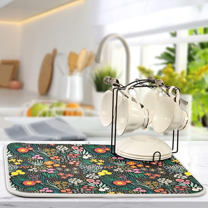 Colorful Floral Large Dish Mat Absorbent Drying Mats for Countertop 18 x 24 Inches Kitchen Dry Mat for Dishes-NeatNest