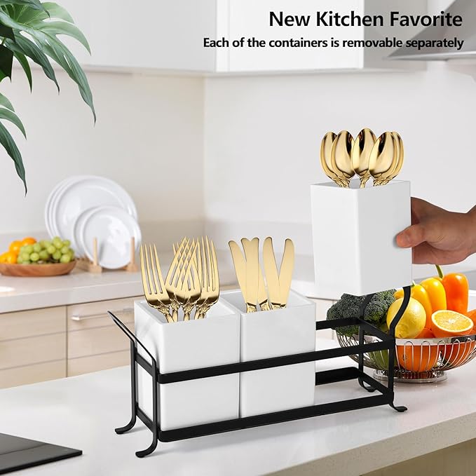 Cutlery Holder with Drain Holes, Silverware Caddy for Party Countertop, Resin Utensil Holders Silverware organizer for Spoon and Fork, White Black-NeatNest