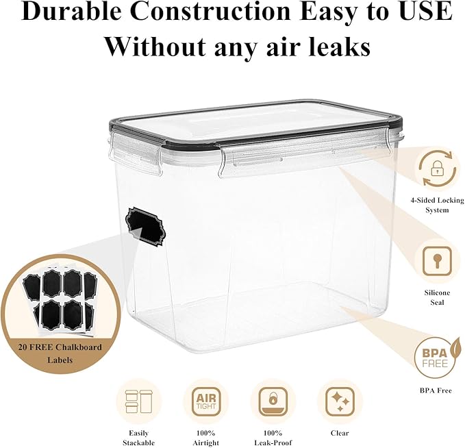 Wildone Airtight Food Storage Containers Cereal & Dry Food Storage Container Set of 6(Black Lid), Leak-proof & BPA Free, With 1 Measuring Cup & 20 Chalkboard Labels & 1 Chalk Marker-NeatNest