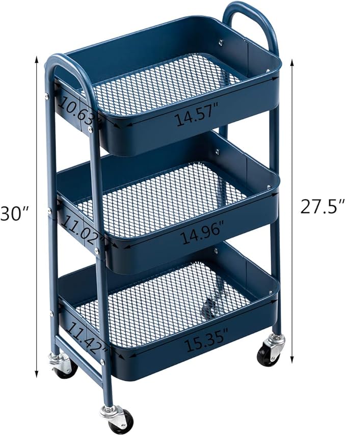 AGTEK Makeup Cart, Movable Rolling Organizer Cart, 3 Tier Metal Utility Cart,Navy Blue-NeatNest