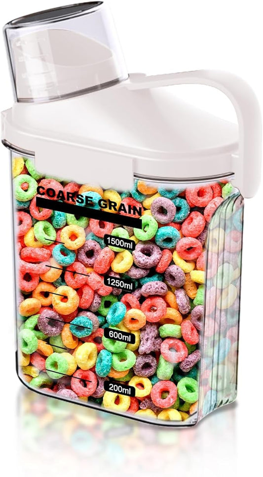 1 PCS Airtight Dry Food Container, Clear BPA-Free Plastic Cereal Containers Storage for Kitchen Pantry, Rice Cereal Flour Holder with Pouring Spout Measuring Cup, White, 51fl.oz/1.5L-NeatNest