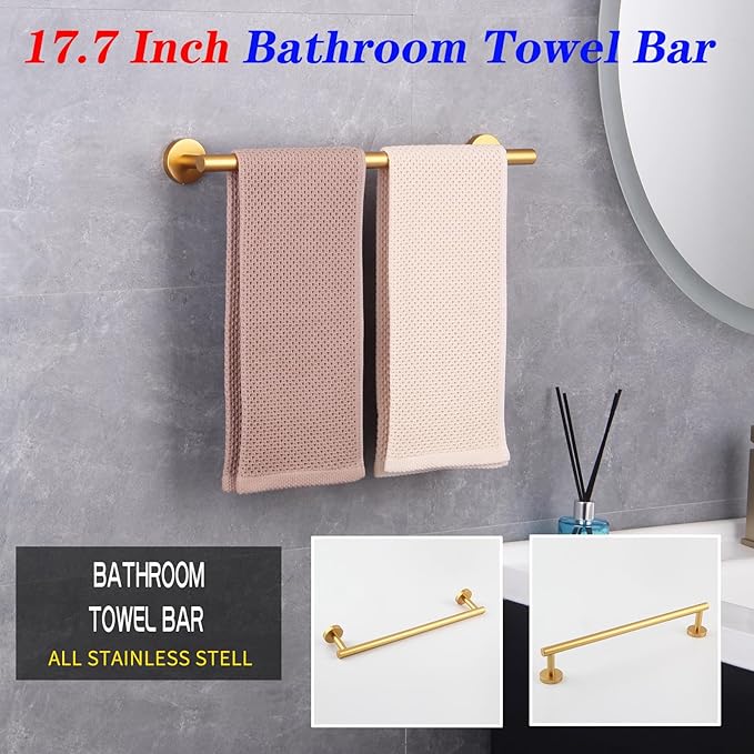 GERZWY 18-Inch Bathroom Towel Bar Gold Stainless Steel Modern Round Style Bath Towel Rack Wall Mount AG1101C45-BE