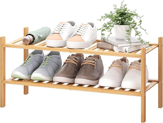 BMOSU 2-Tier Bamboo Shoe Rack Premium Stackable Shoe Shelf Storage Organizer for Hallway Closet Living Room Entryway Organizer (Natural Bamboo)-NeatNest