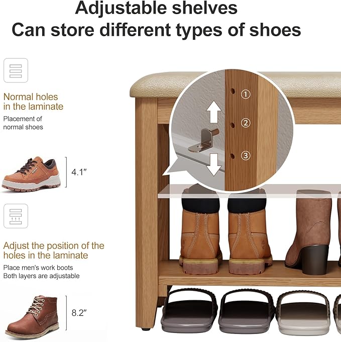 Wood Shoe Rack Bench for Entryway, Shoe Rack for Front Door Entrance with Leather Cushion, 2 Tier Shoe Bench with Shoe Storage for Entryway, Bedroom.-NeatNest