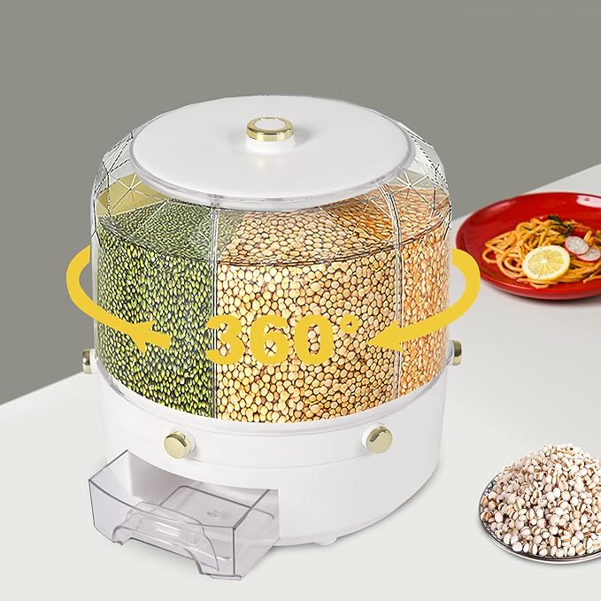 6-In-1Grain Dispenser, Rice & Grain Storage Container, Rotatable Sealed Grain Food Storage, One-Button Pressing Storage Bucket for Grains Snacks Candy Coffee Beans Dog Food Dispenser-NeatNest